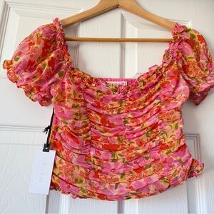 ASTR The Label Pink Floral Ruched Puff Sleeve Top XS